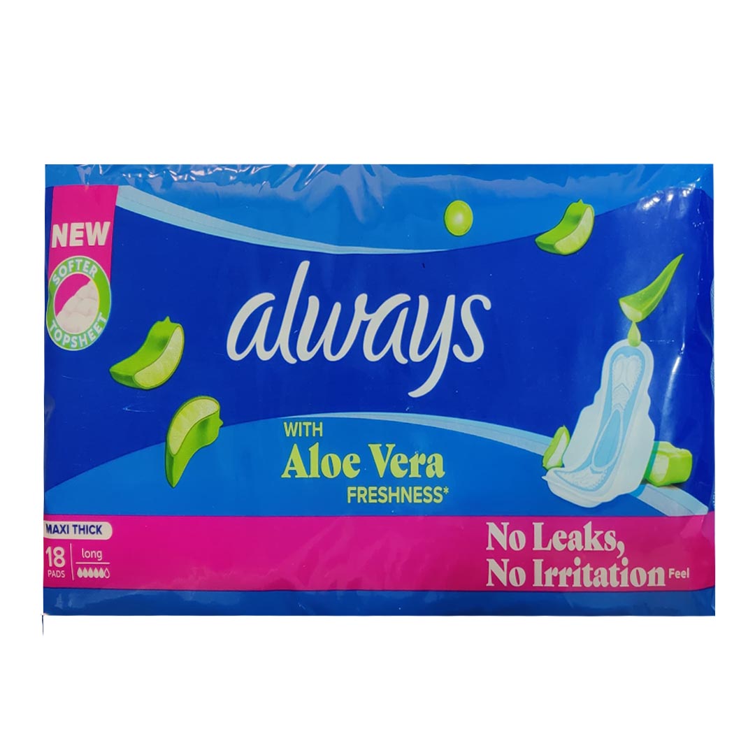 Always Maxi Thick with Aloe Vera Freshness (Long) Sanitary Pads, 18 Ct