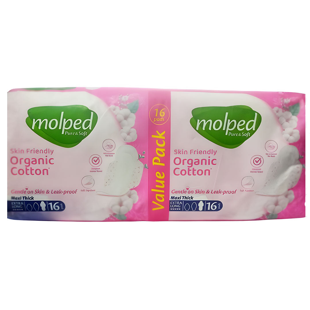 Molped Pure & Soft Organic Cotton Maxi Thick (Extra Long), 16 Ct