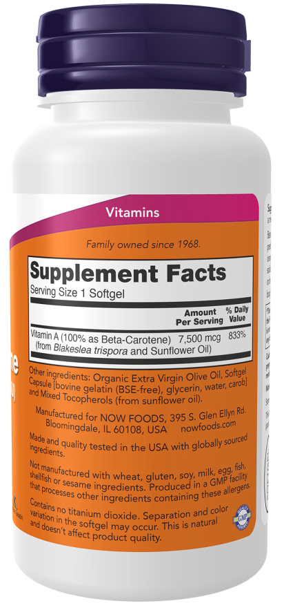 NOW Beta Carotene Natural 7,500 mcg Supplement Facts