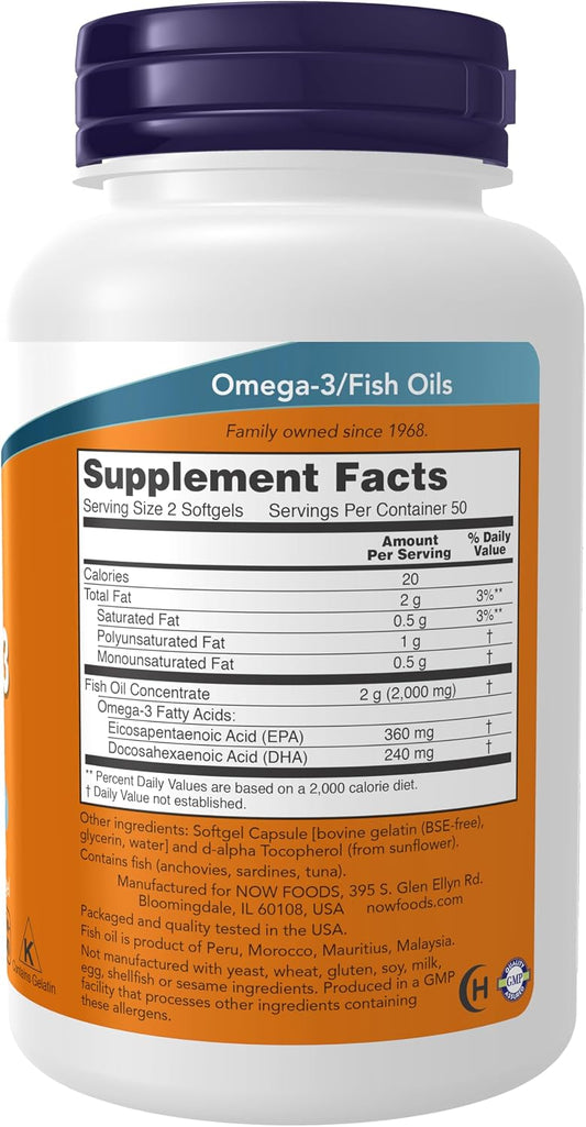 NOW Omega-3 Fish Oil 100 Ct Supplement Facts