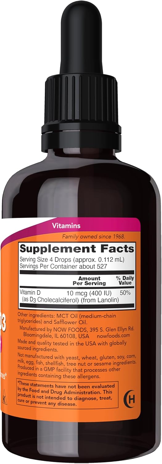 Now Foods Liquid Vitamin D-3 400 IU 59ml Supplement Facts