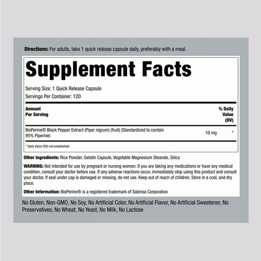 Piping Rock BioPerine Black Pepper Extract 10mg Supplement Facts