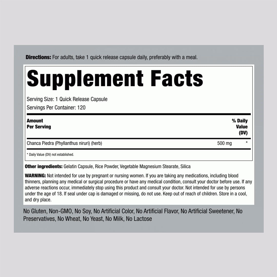 Piping Rock Chanca Piedra 500mg Supplement Facts
