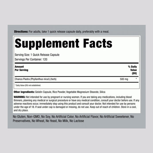 Piping Rock Chanca Piedra 500mg Supplement Facts