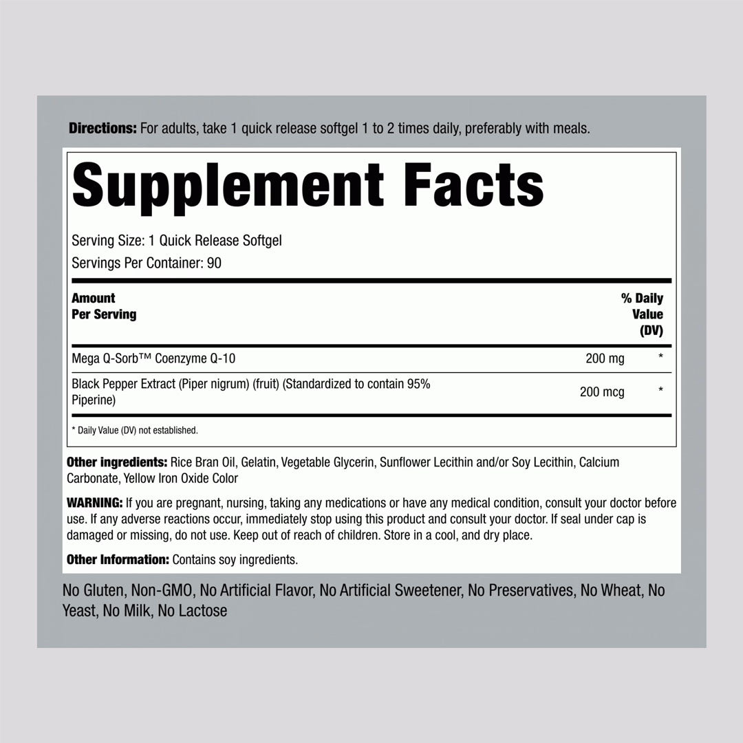 Piping Rock CoQ10 200mg Supplement Facts