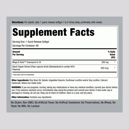 Piping Rock CoQ10 200mg Supplement Facts