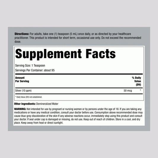 Piping Rock Colloidal Silver Liquid 10ppm Supplement Facts