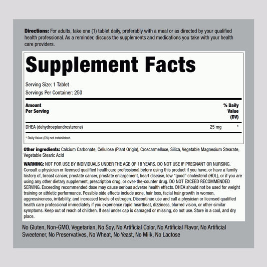 Piping Rock DHEA 25mg Supplement Facts