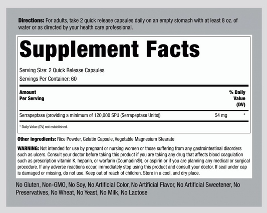 Piping Rock Extra Strength Serrapeptase 120000 SPU Supplement Facts