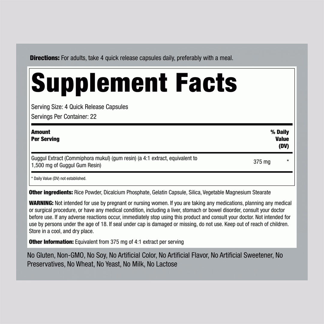 Piping Rock Guggul Extract 1500mg Supplement Facts