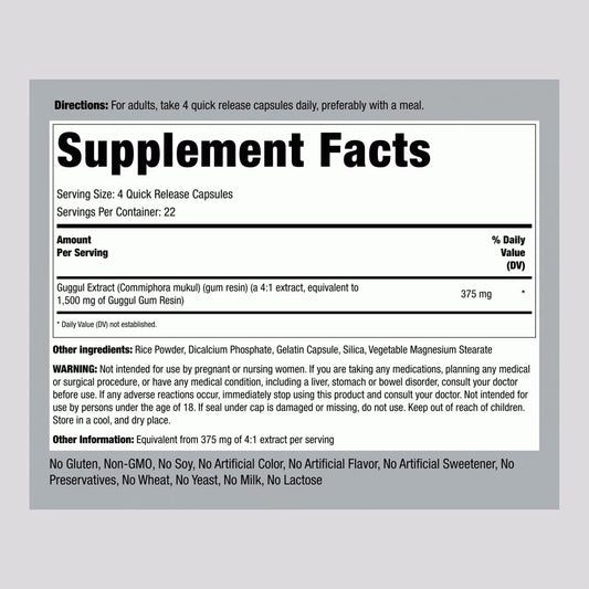 Piping Rock Guggul Extract 1500mg Supplement Facts