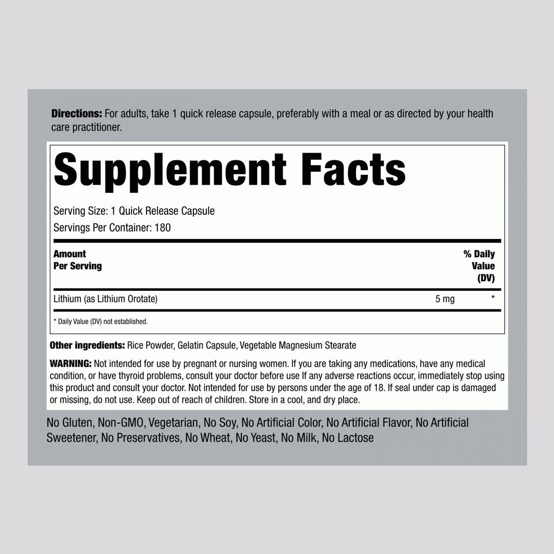 Piping Rock Lithium Orotate 5mg Supplement Facts
