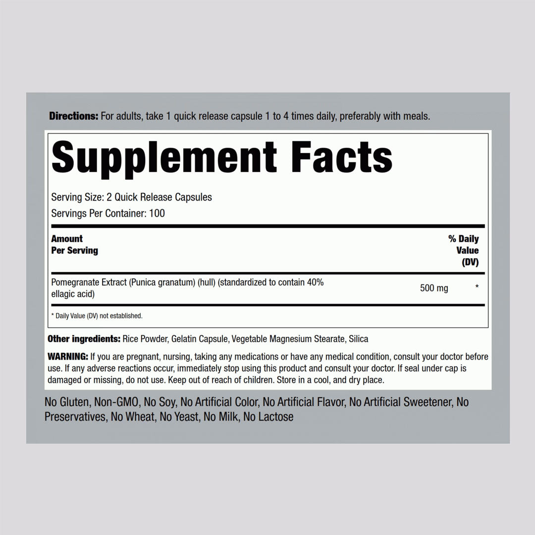 Piping Rock Pomegranate Extract Standardized 500mg Supplement Facts