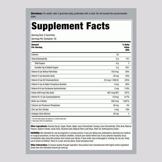 Piping Rock Women's Multivitamin + Collagen Gummies Supplement Facts