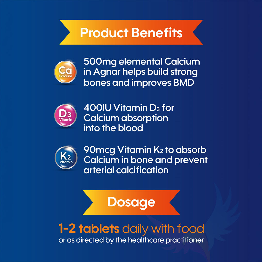 Getz Life Agnar Calcium + Vitamin D3 & K2 for Bone Care, 30 Ct