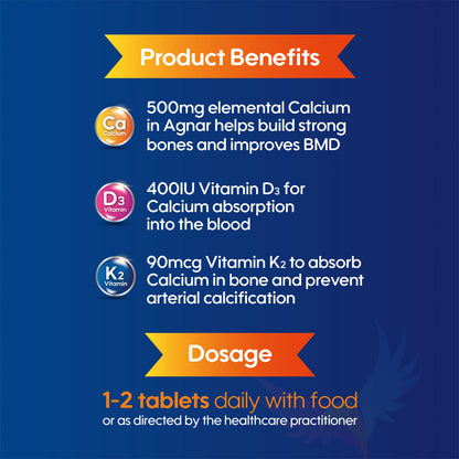 Getz Life Agnar Calcium + Vitamin D3 & K2 for Bone Care, 30 Ct