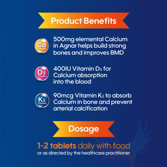 Getz Life Agnar Calcium + Vitamin D3 & K2 for Bone Care, 30 Ct