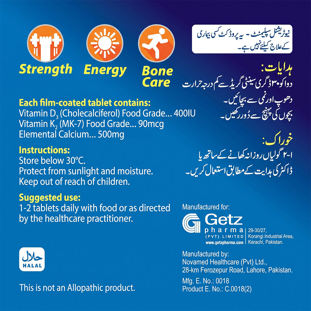 Getz Life Agnar Calcium + Vitamin D3 & K2 for Bone Care, 30 Ct