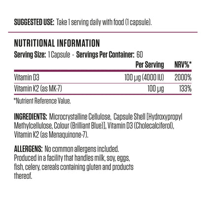Applied Nutrition Vitamin D3 & K2, 60 Ct