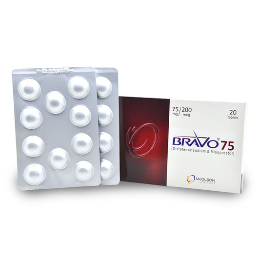 Bravo 75 (Diclofenac Sodium +  Misoprostol) 75mg/200mcg, 20 Ct - Mcolson