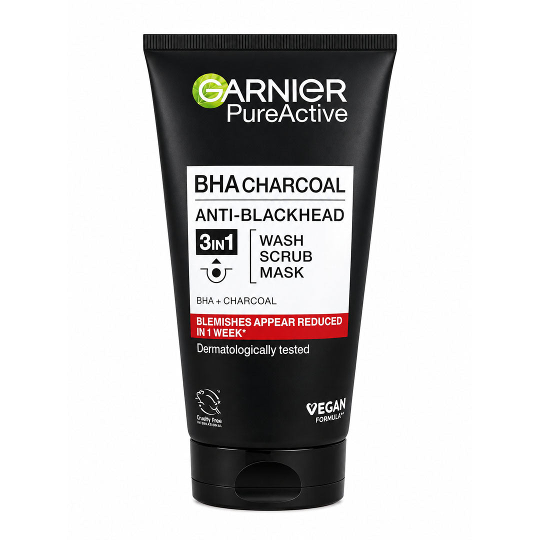 Garnier Pure Active BHA Charcoal Anti-Blackhead 3 In 1 Wash Scrub Mask, 150 ml
