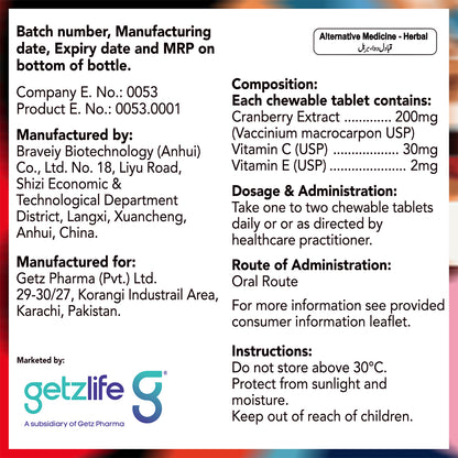 Getz Life Cenova Cranberry (Sugar Free Tablets) for UTI & Urinary Tract Care, 14 Ct