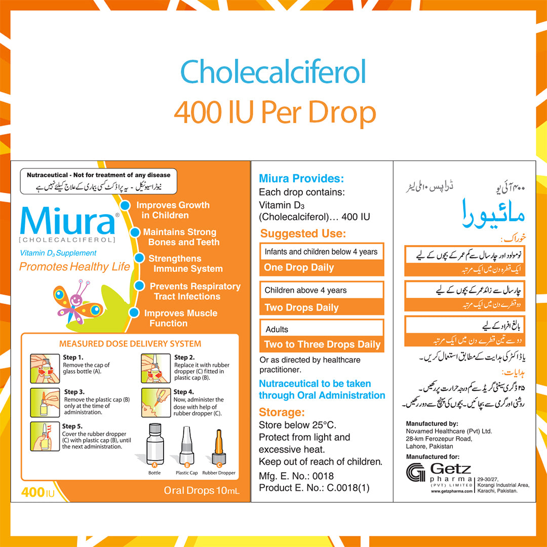 Getz Life Miura Vitamin D3 400 IU Oral Drops for Kids & Adults, 10ml