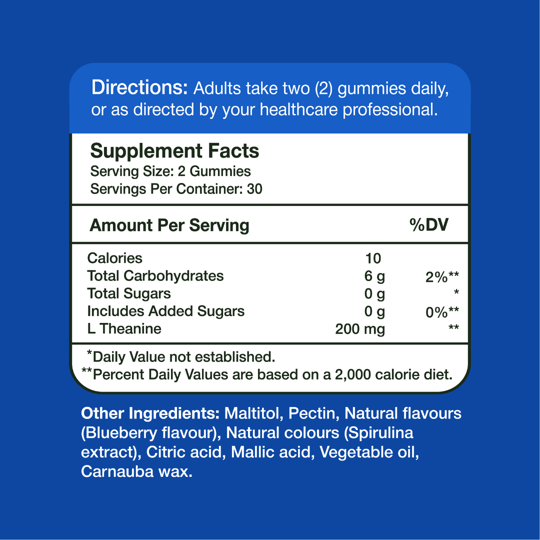 Gumvits L-Theanine 200mg Gummies Back Label Supplement Facts
