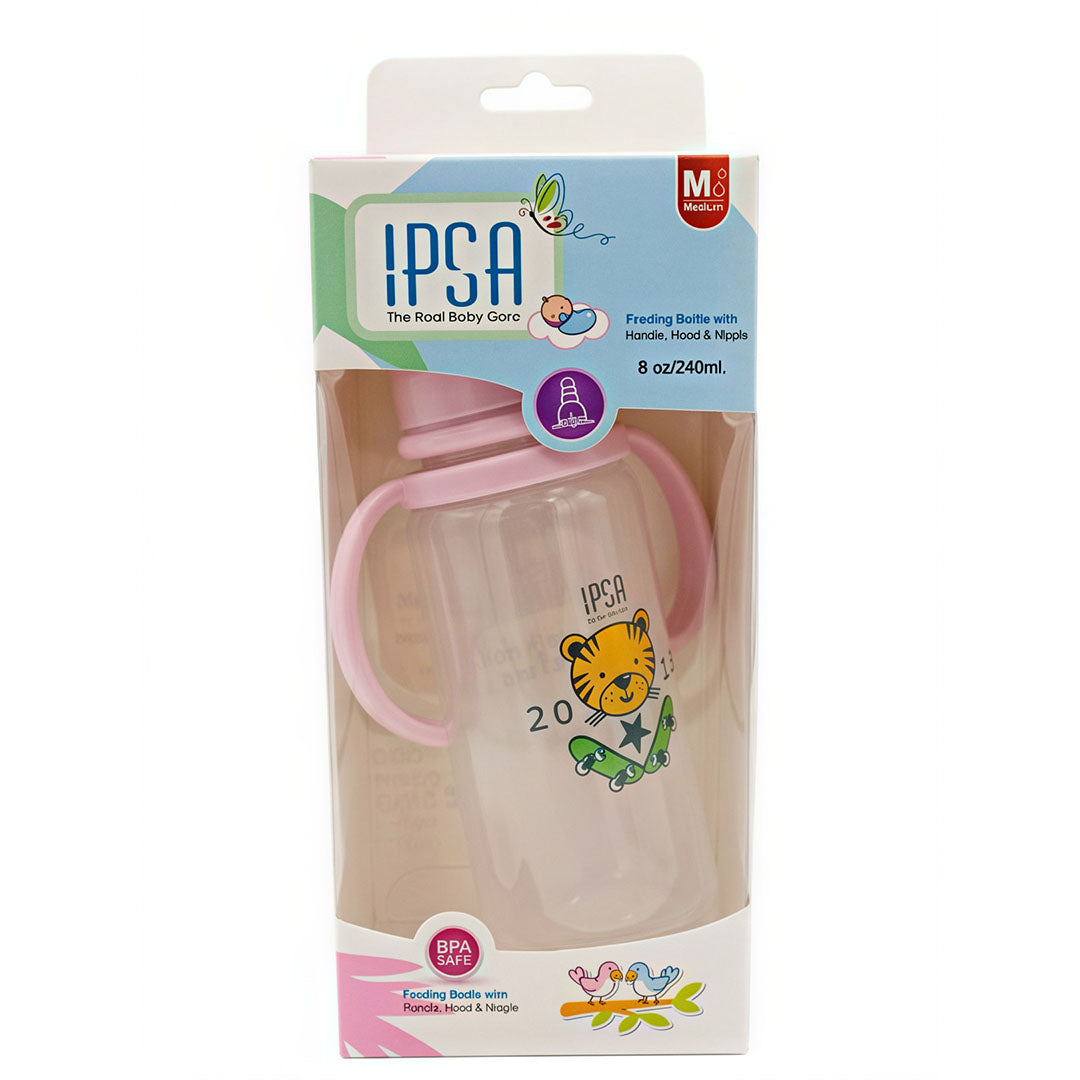 IPSA Feeding Bottle With Handle, Hood & Nipple (803), 240ml