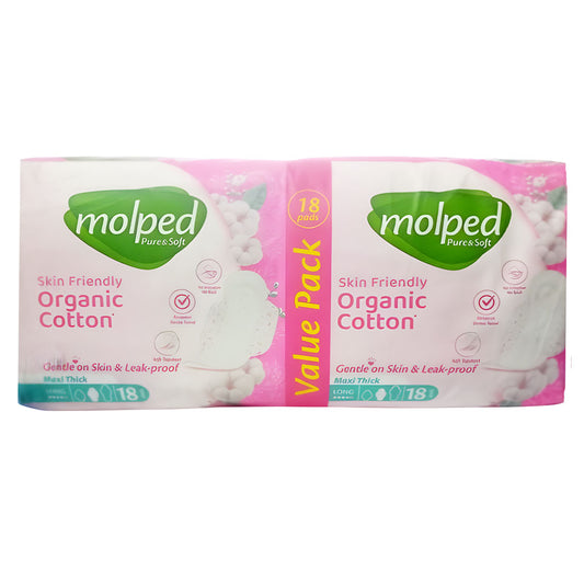Molped Pure & Soft Organic Cotton Maxi Thick (Long), 18 Ct