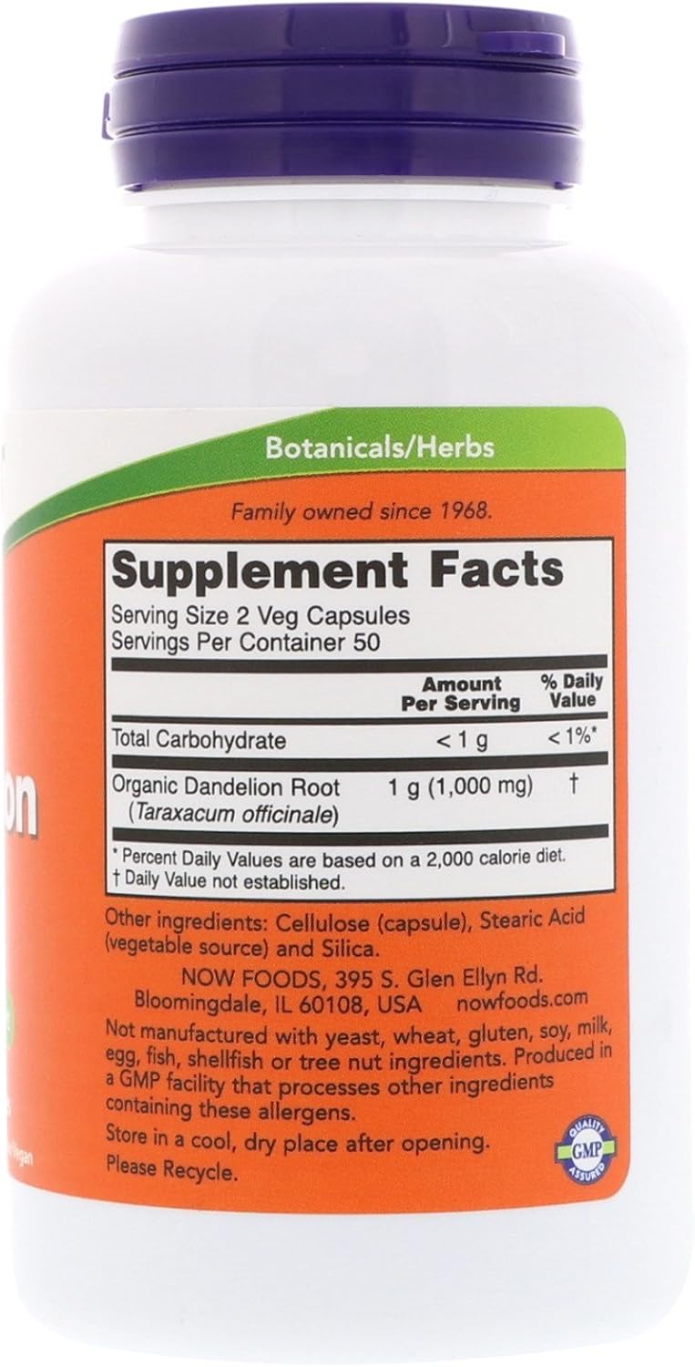 NOW Dandelion Root 500 mg 100 Ct Supplement Facts