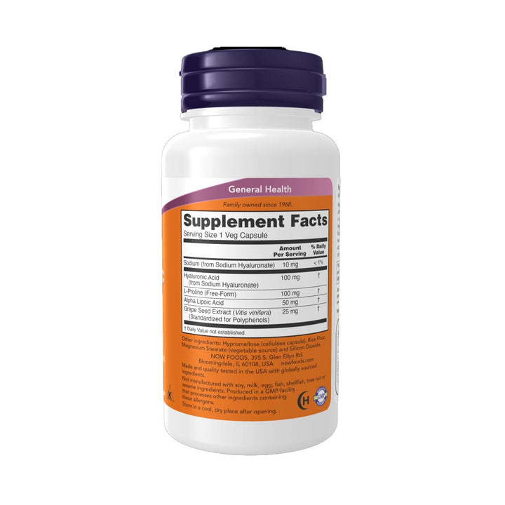 NOW Hyaluronic Acid 100mg Supplement Facts