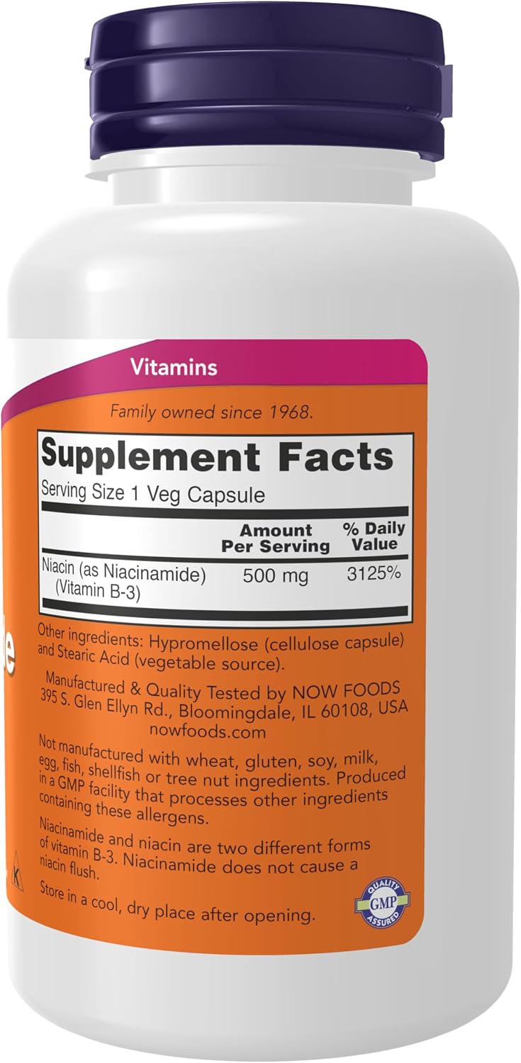 NOW Niacinamide 500mg Vitamin B-3 100 Ct Supplement Facts