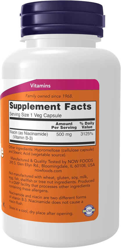 NOW Niacinamide 500mg Vitamin B-3 100 Ct Supplement Facts