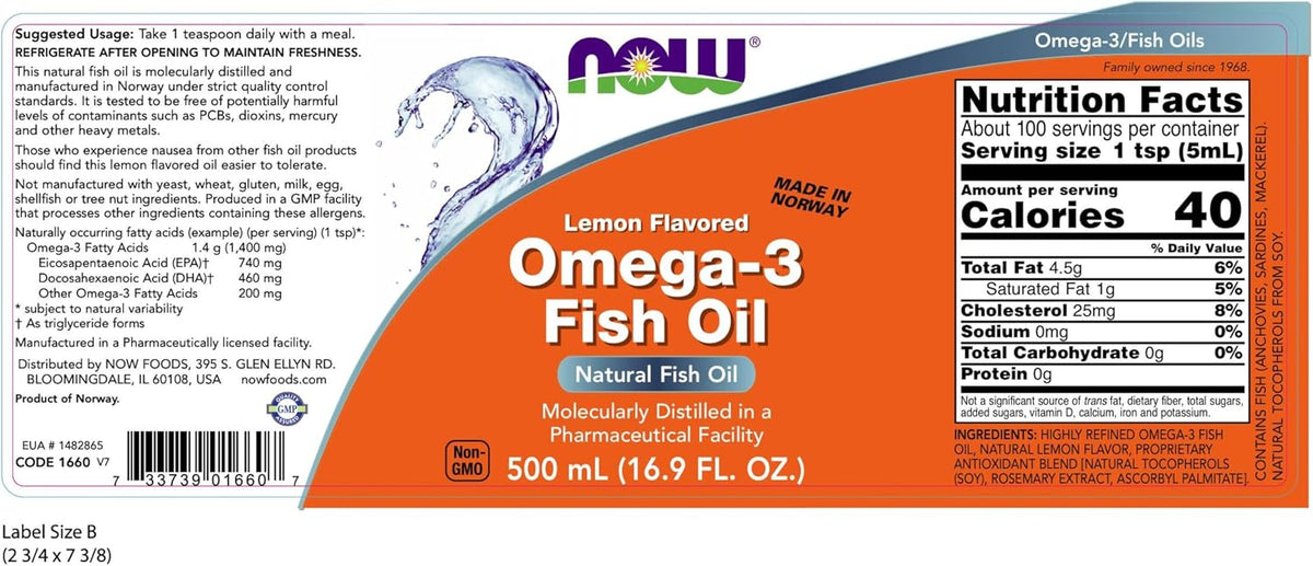 NOW Omega-3 Fish Oil Liquid Lemon 500ml Supplement Facts