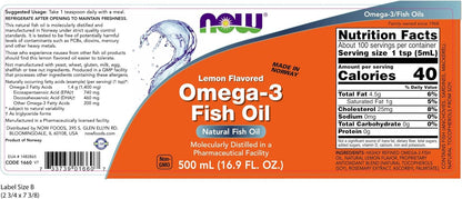 NOW Omega-3 Fish Oil Liquid Lemon 500ml Supplement Facts
