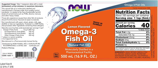 NOW Omega-3 Fish Oil Liquid Lemon 500ml Supplement Facts