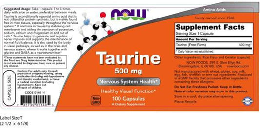 NOW Taurine 500 mg, 100 Ct