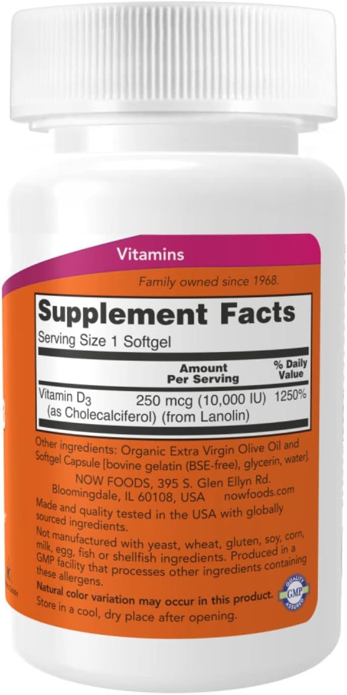 NOW Vitamin D3 10000 IU, 120 Ct Supplement Facts