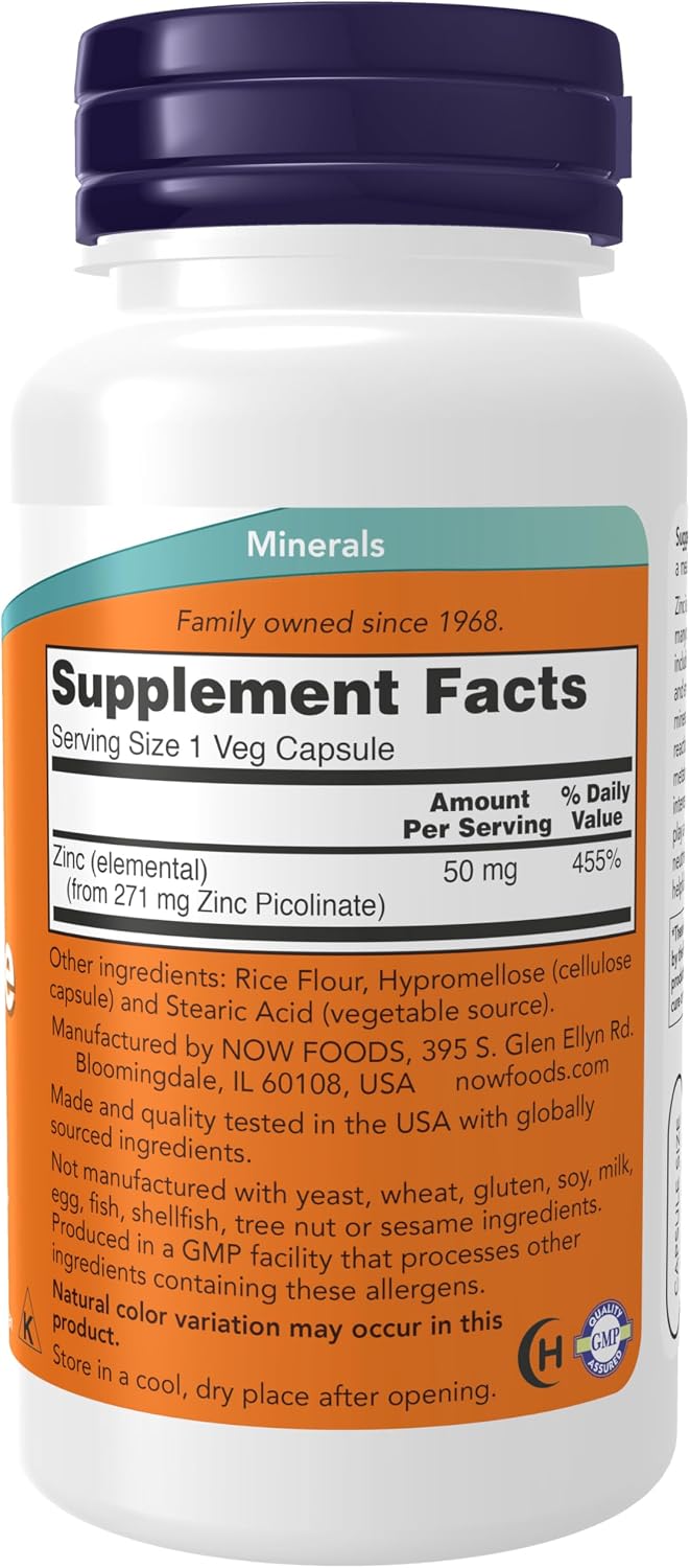 NOW Zinc Picolinate 50mg 60 Ct Supplement Facts
