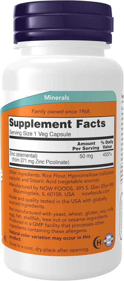 NOW Zinc Picolinate 50mg 60 Ct Supplement Facts