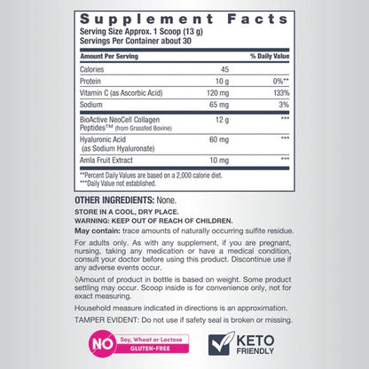 NeoCell Advanced Collagen Peptides with Hyaluronic Acid & Vitamin C Supplement Facts