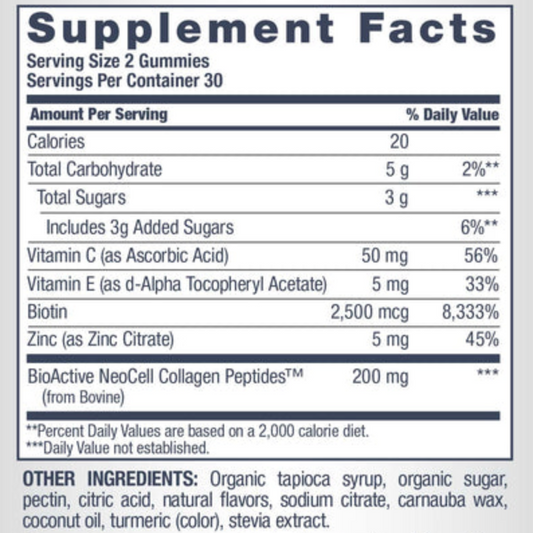 NeoCell Beauty Builder Hair, Skin & Nails Gummies Supplement Facts