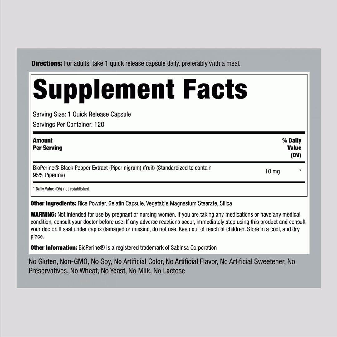 Piping Rock BioPerine Black Pepper Extract 10mg Supplement Facts