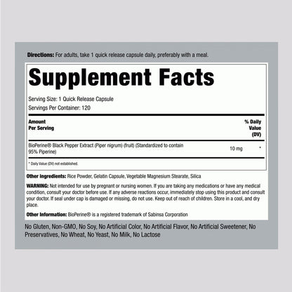 Piping Rock BioPerine Black Pepper Extract 10mg Supplement Facts