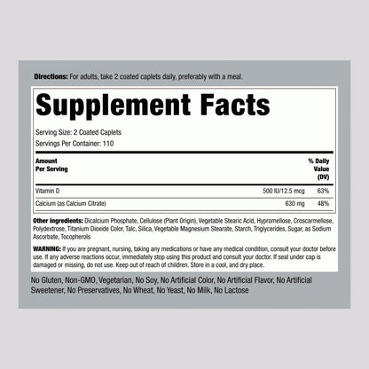 Piping Rock Calcium Citrate 630 mg Plus D3 500 IU, 220 Ct