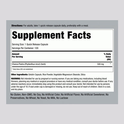 Piping Rock Chanca Piedra 500mg Supplement Facts