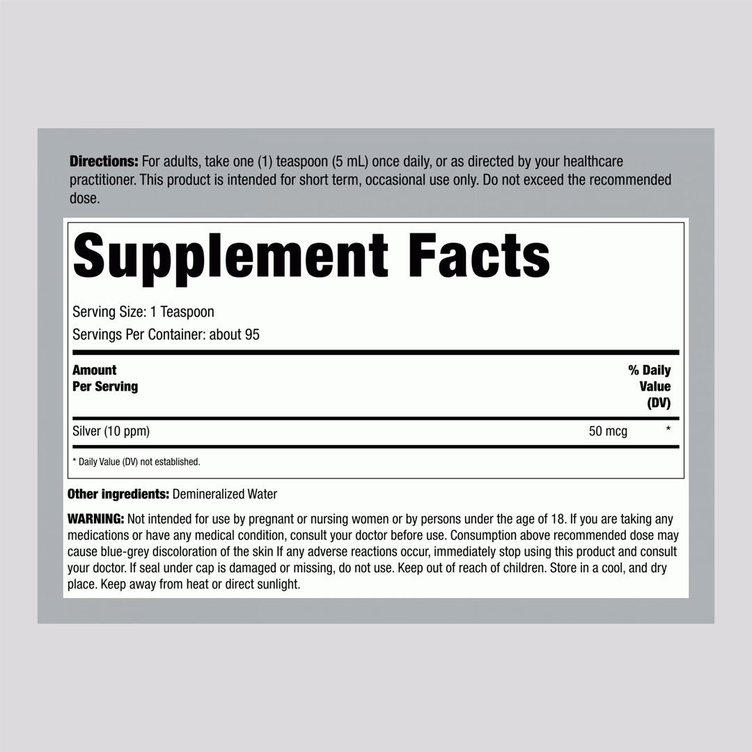 Piping Rock Colloidal Silver Liquid 10ppm Supplement Facts