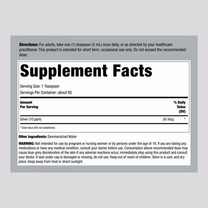 Piping Rock Colloidal Silver Liquid 10ppm Supplement Facts
