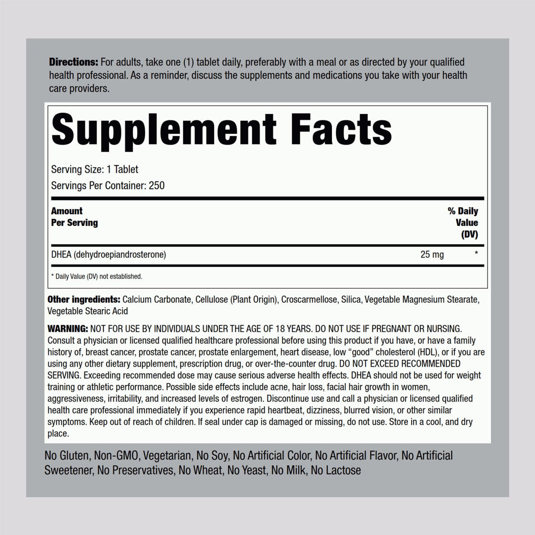 Piping Rock DHEA 25mg Supplement Facts